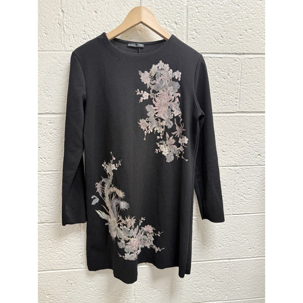 Zara W/B Collection Womens Dress Black Floral Dressy Crew Neck Size Medium